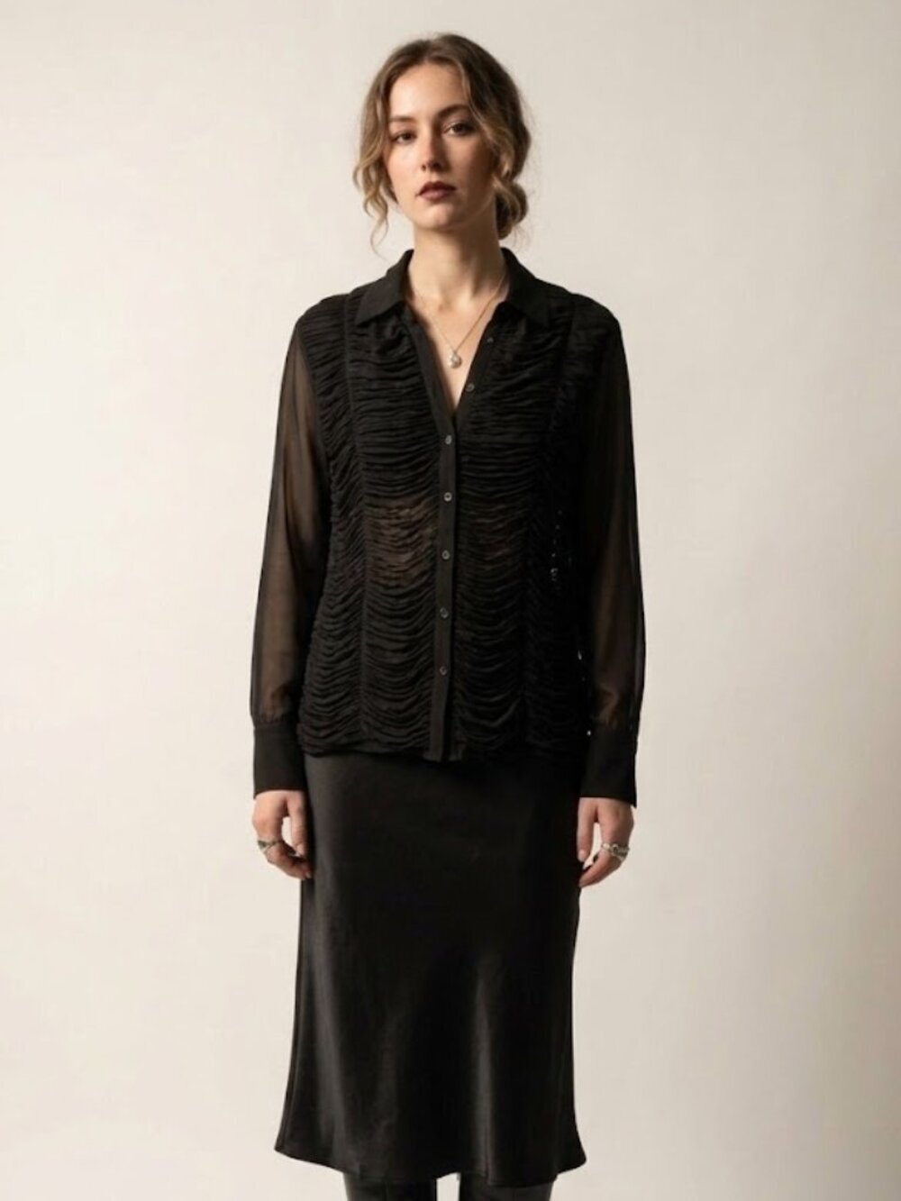 Vintage INC International Concepts Black Silk Semi Sheer Ruched Blouse Size 12